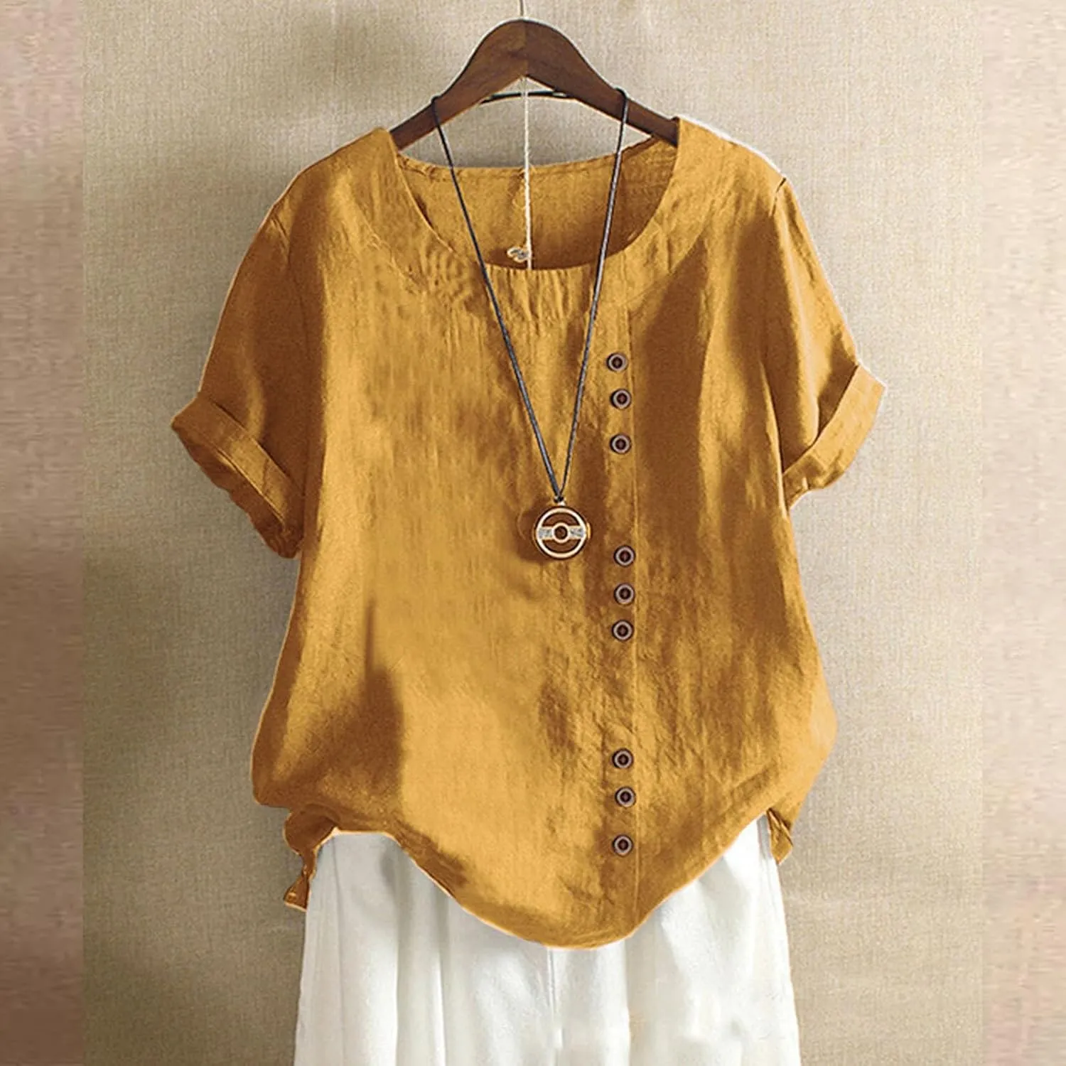 Women Button Up Shirt Plain Short Sleeve Linen Summer Casual Dress Blouse Tops Loose Tee Shirts