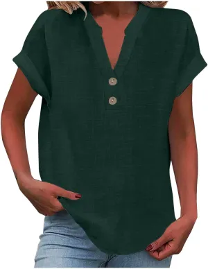 Women Button Up Shirts Solid Short Sleeve Linen Summer Casual Henley Blouse Top Loose Fit Tops