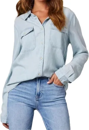 Women Casual Denim Shirts Lapel Pocket Single Breasted Long Sleeve Lightweight Shirt Tops