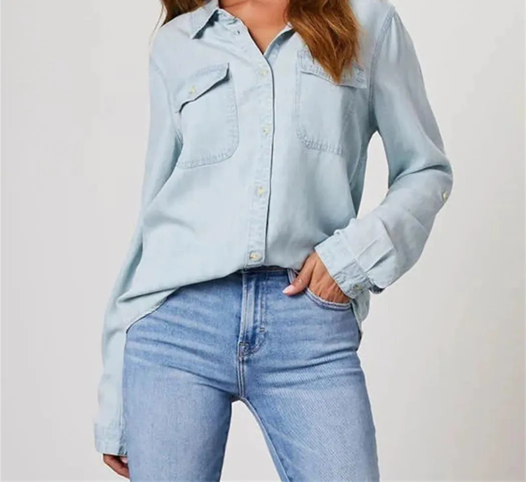 Women Casual Denim Shirts Lapel Pocket Single Breasted Long Sleeve Lightweight Shirt Tops