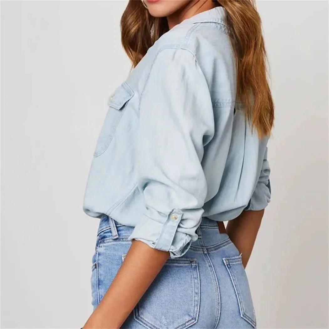 Women Casual Denim Shirts Lapel Pocket Single Breasted Long Sleeve Lightweight Shirt Tops