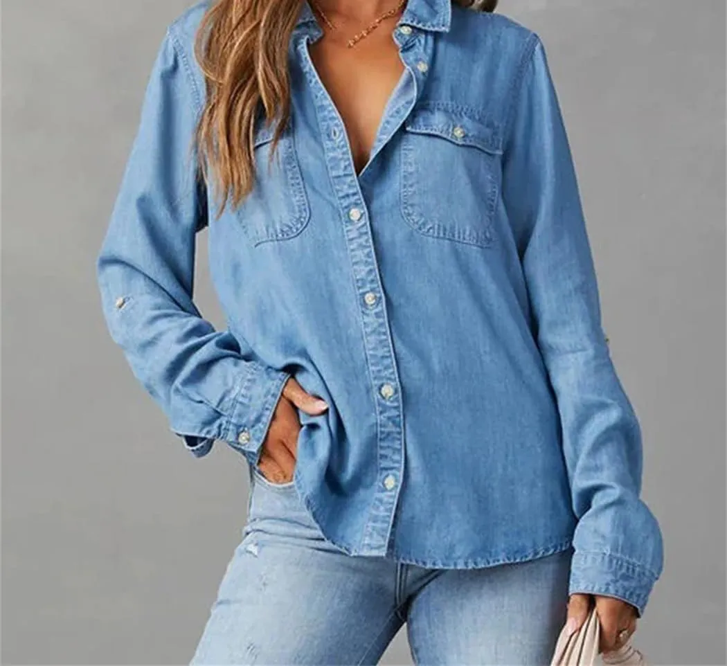 Women Casual Denim Shirts Lapel Pocket Single Breasted Long Sleeve Lightweight Shirt Tops