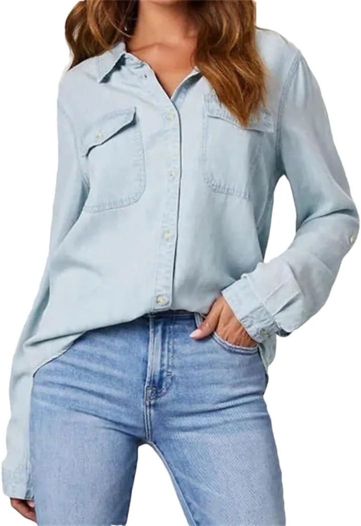 Women Casual Denim Shirts Lapel Pocket Single Breasted Long Sleeve Lightweight Shirt Tops