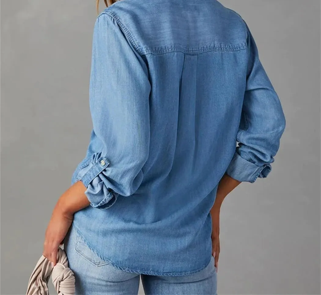 Women Casual Denim Shirts Lapel Pocket Single Breasted Long Sleeve Lightweight Shirt Tops