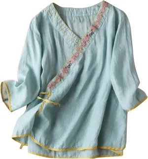 Women Cotton Linen Shirts Vintage Chinese Embroidery 3/4 Sleeve Casual Trendy Tops Loose V Neck Side Tie Slit Blouse