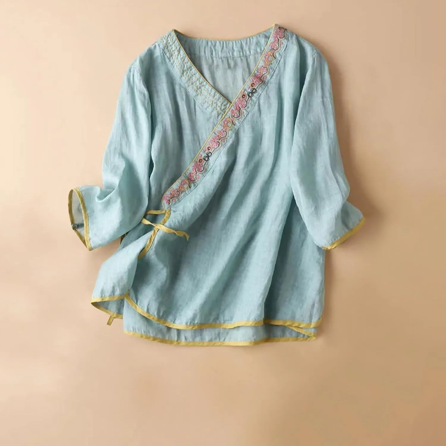Women Cotton Linen Shirts Vintage Chinese Embroidery 3/4 Sleeve Casual Trendy Tops Loose V Neck Side Tie Slit Blouse