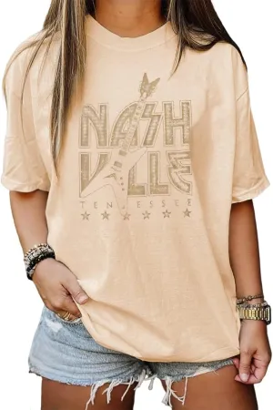 Women Country Music Oversized Shirts Nashville Concert Outfit Bass Graphic Tees Rocker Tops Short Sleeve T-Shirt