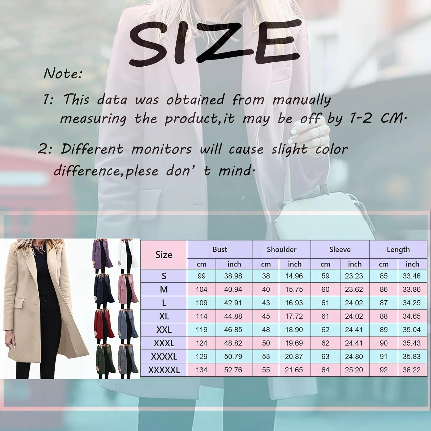Women Elegant Notched Collar Double Breasted Wool Blend Over Coat Double-Breasted Lapel Jacket Outwear