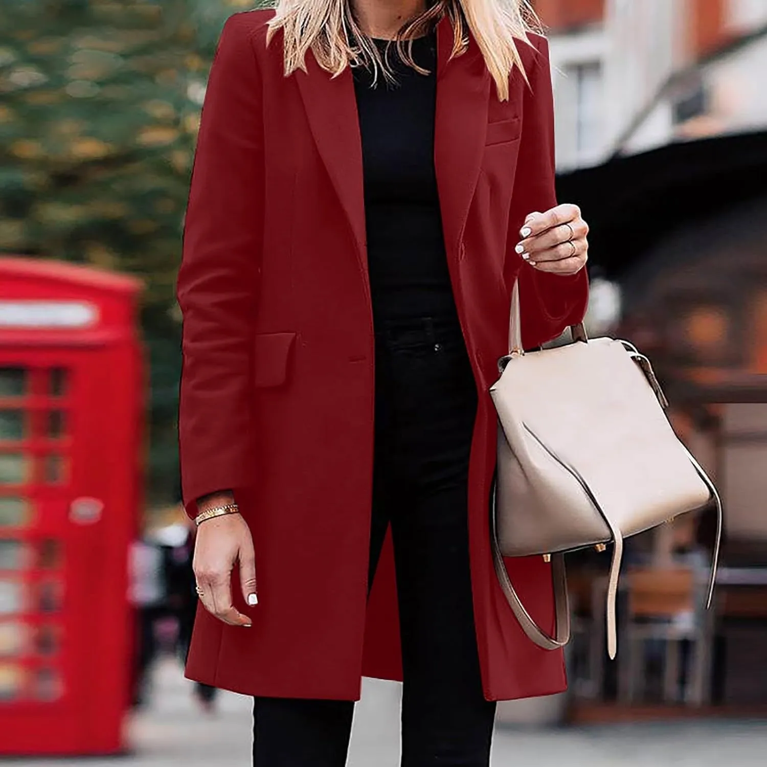 Women Elegant Notched Collar Double Breasted Wool Blend Over Coat Double-Breasted Lapel Jacket Outwear