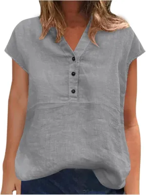 Women Linen Button Down Tops Summer Blouses Short Sleeve Shirts Loose Fit Lightweight Tunic Tees