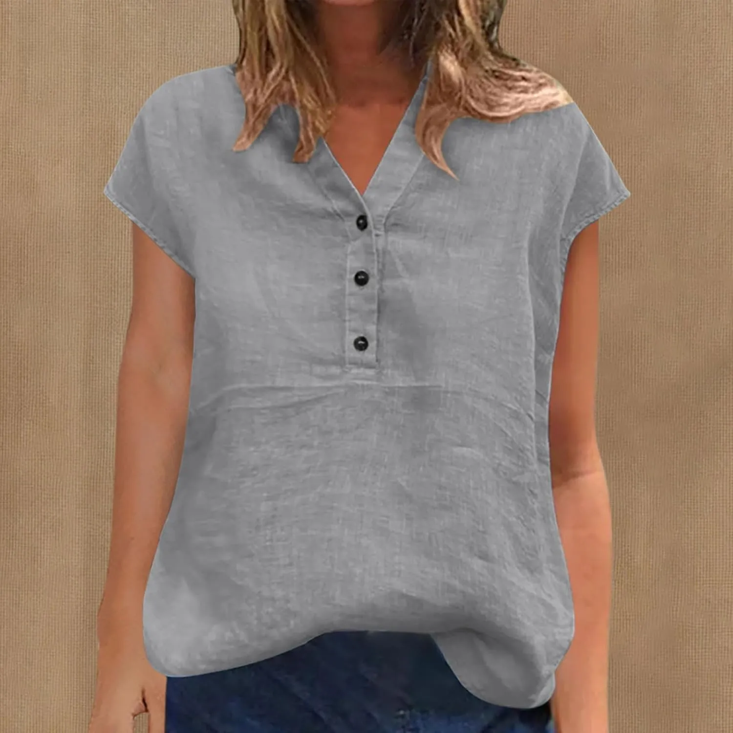 Women Linen Button Down Tops Summer Blouses Short Sleeve Shirts Loose Fit Lightweight Tunic Tees