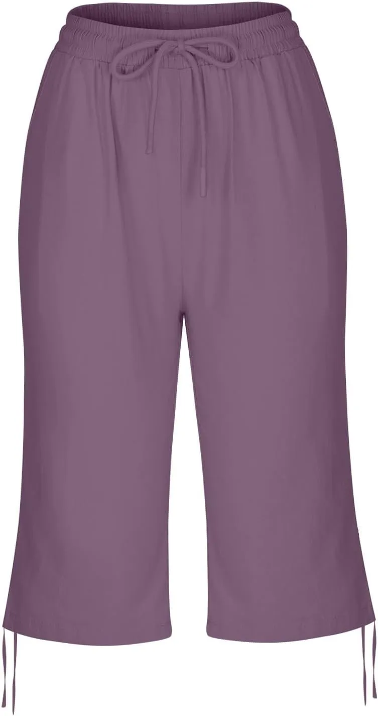 Women Linen Pants 2025 Summer Casual Capri Pants Cropped Tapered Lightweight Pants Travel Beach Outfits with Pocket