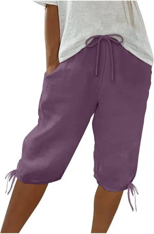 Women Linen Pants 2025 Summer Casual Capri Pants Cropped Tapered Lightweight Pants Travel Beach Outfits with Pocket