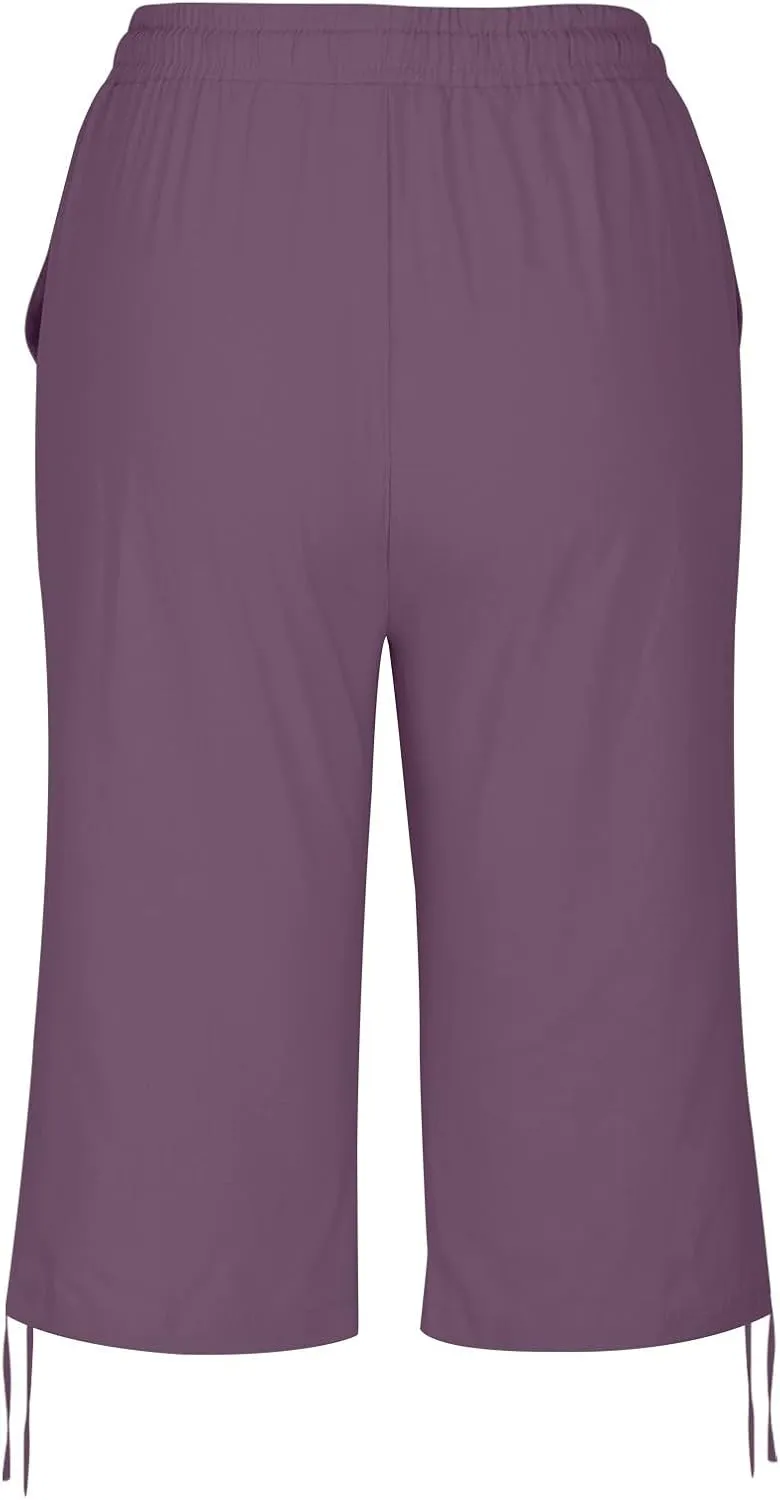 Women Linen Pants 2025 Summer Casual Capri Pants Cropped Tapered Lightweight Pants Travel Beach Outfits with Pocket