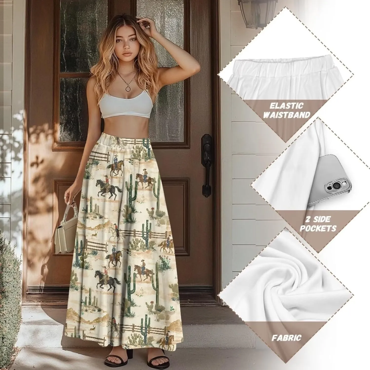 Women Long Skirts with Pockets Bohemian Casual Flowy High Waisted Ankle Length Maxi Skirt for Party Prom