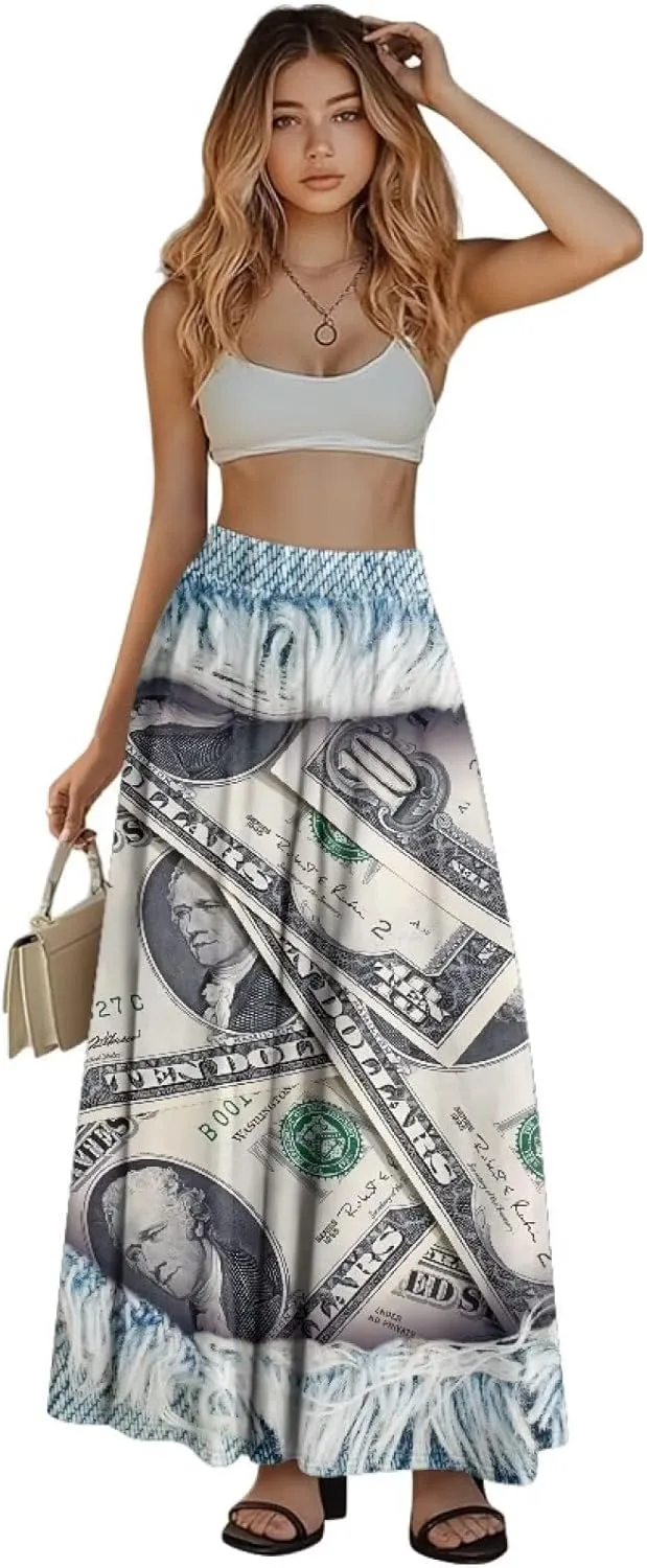 Women Long Skirts with Pockets Bohemian Casual Flowy High Waisted Ankle Length Maxi Skirt for Party Prom