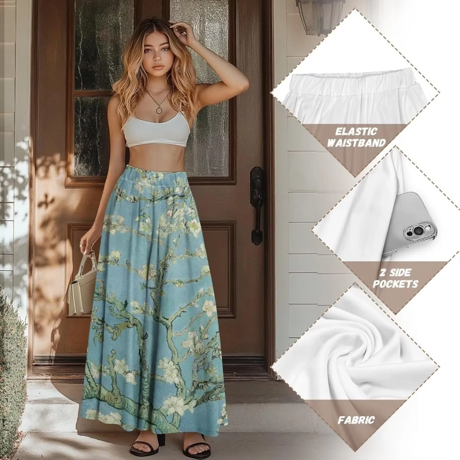 Women Long Skirts with Pockets Bohemian Casual Flowy High Waisted Ankle Length Maxi Skirt for Party Prom
