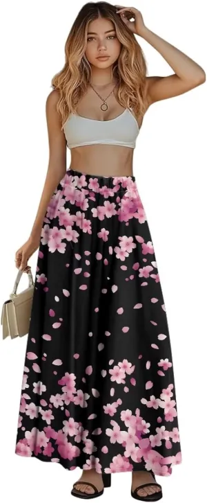 Women Long Skirts with Pockets Bohemian Casual Flowy High Waisted Ankle Length Maxi Skirt for Party Prom