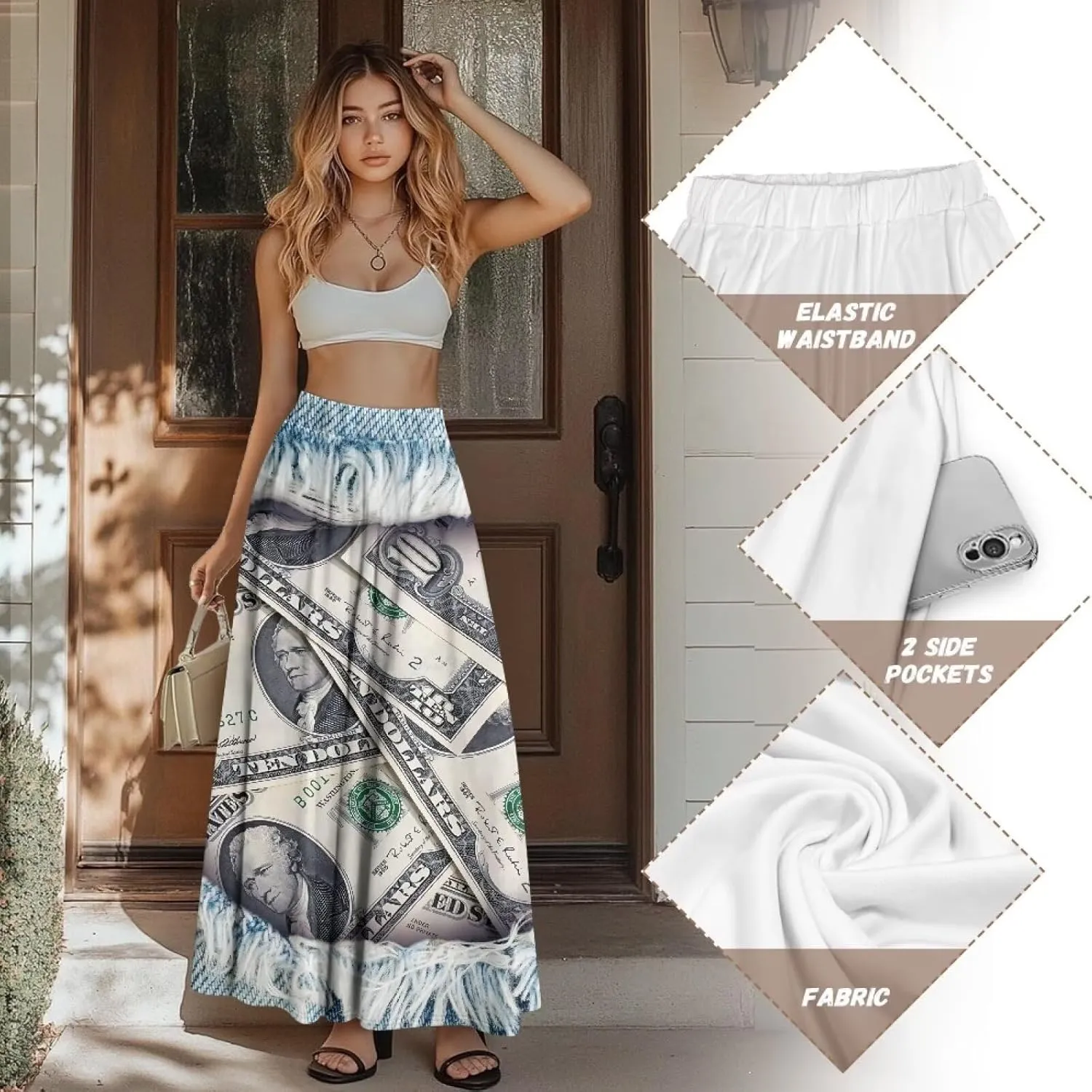 Women Long Skirts with Pockets Bohemian Casual Flowy High Waisted Ankle Length Maxi Skirt for Party Prom