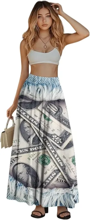 Women Long Skirts with Pockets Bohemian Casual Flowy High Waisted Ankle Length Maxi Skirt for Party Prom