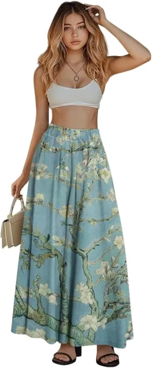 Women Long Skirts with Pockets Bohemian Casual Flowy High Waisted Ankle Length Maxi Skirt for Party Prom