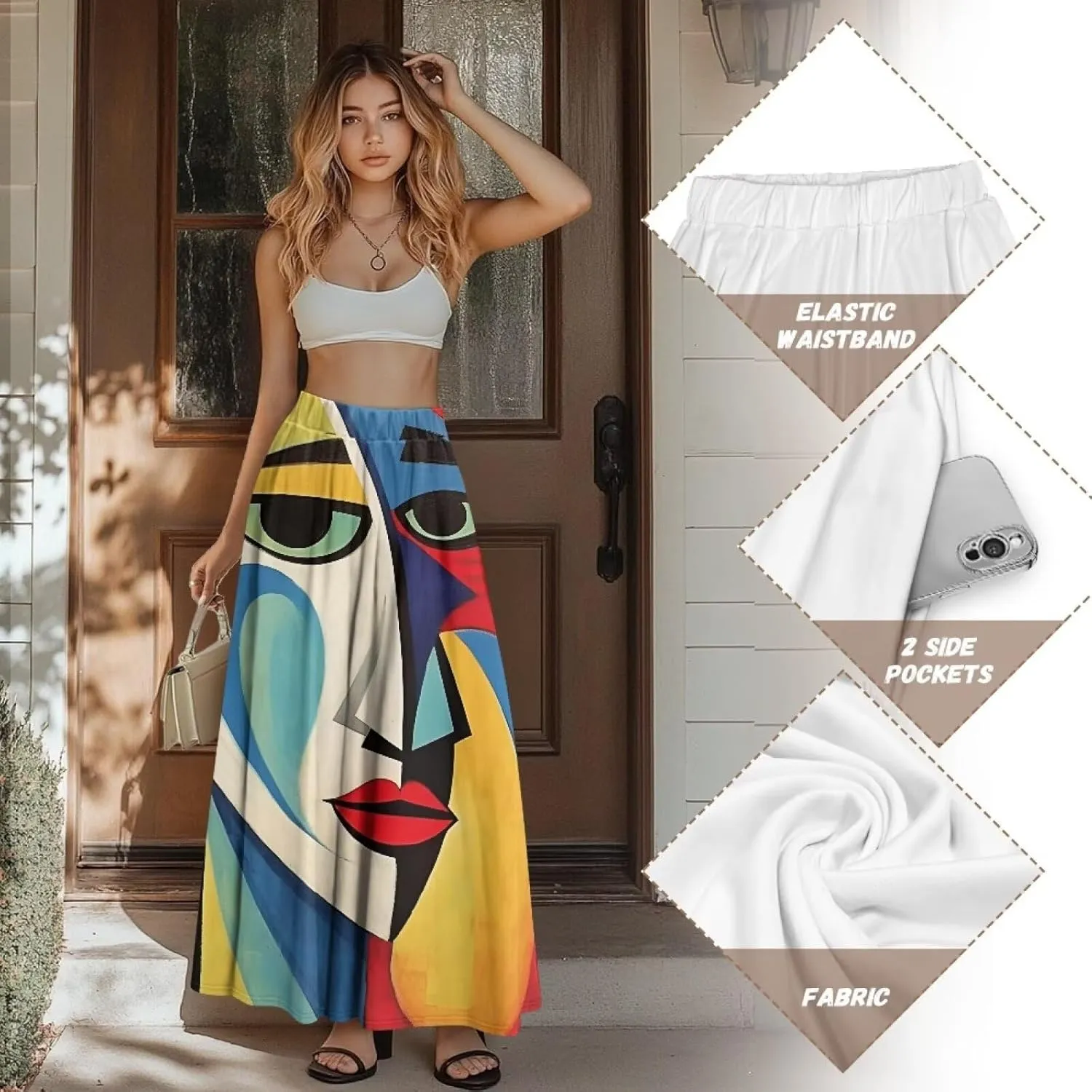 Women Long Skirts with Pockets Bohemian Casual Flowy High Waisted Ankle Length Maxi Skirt for Party Prom