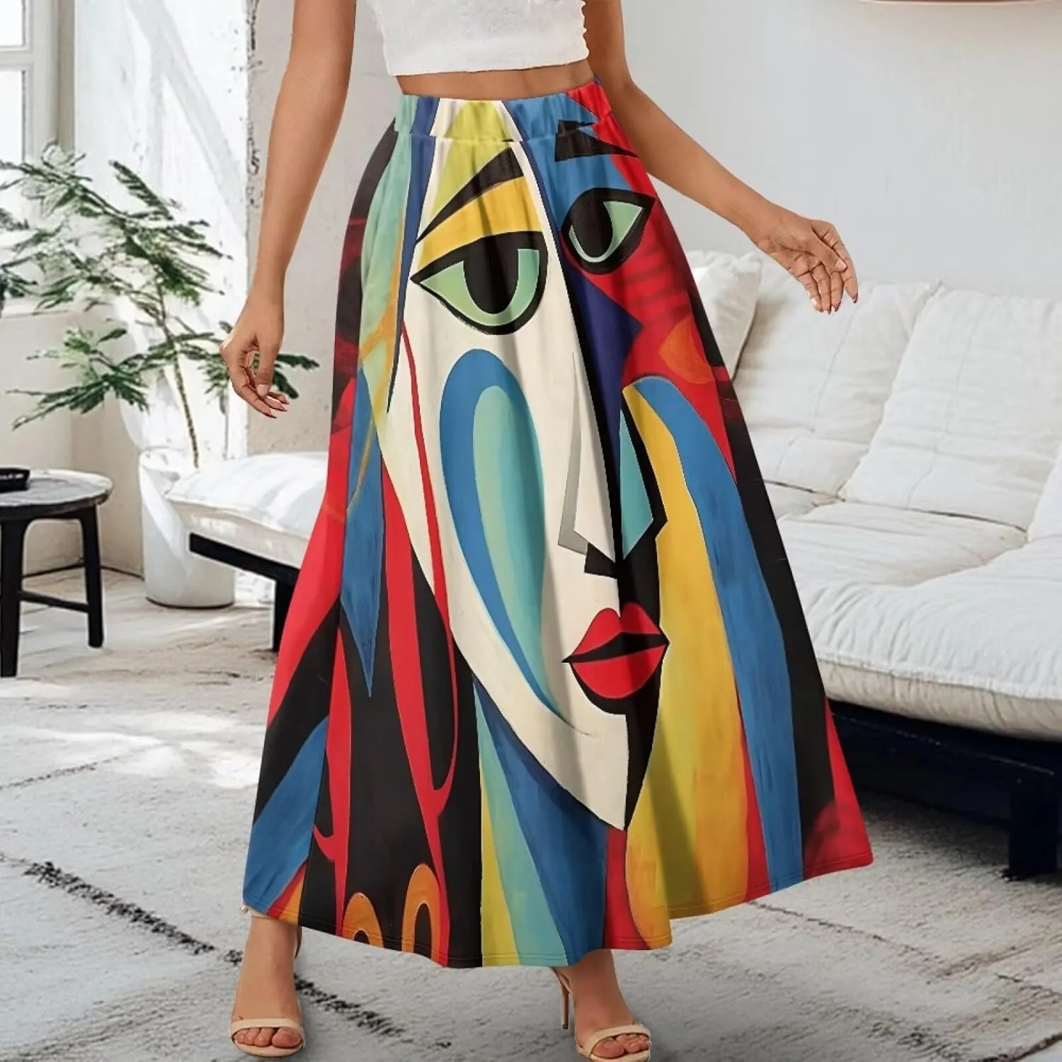 Women Long Skirts with Pockets Bohemian Casual Flowy High Waisted Ankle Length Maxi Skirt for Party Prom