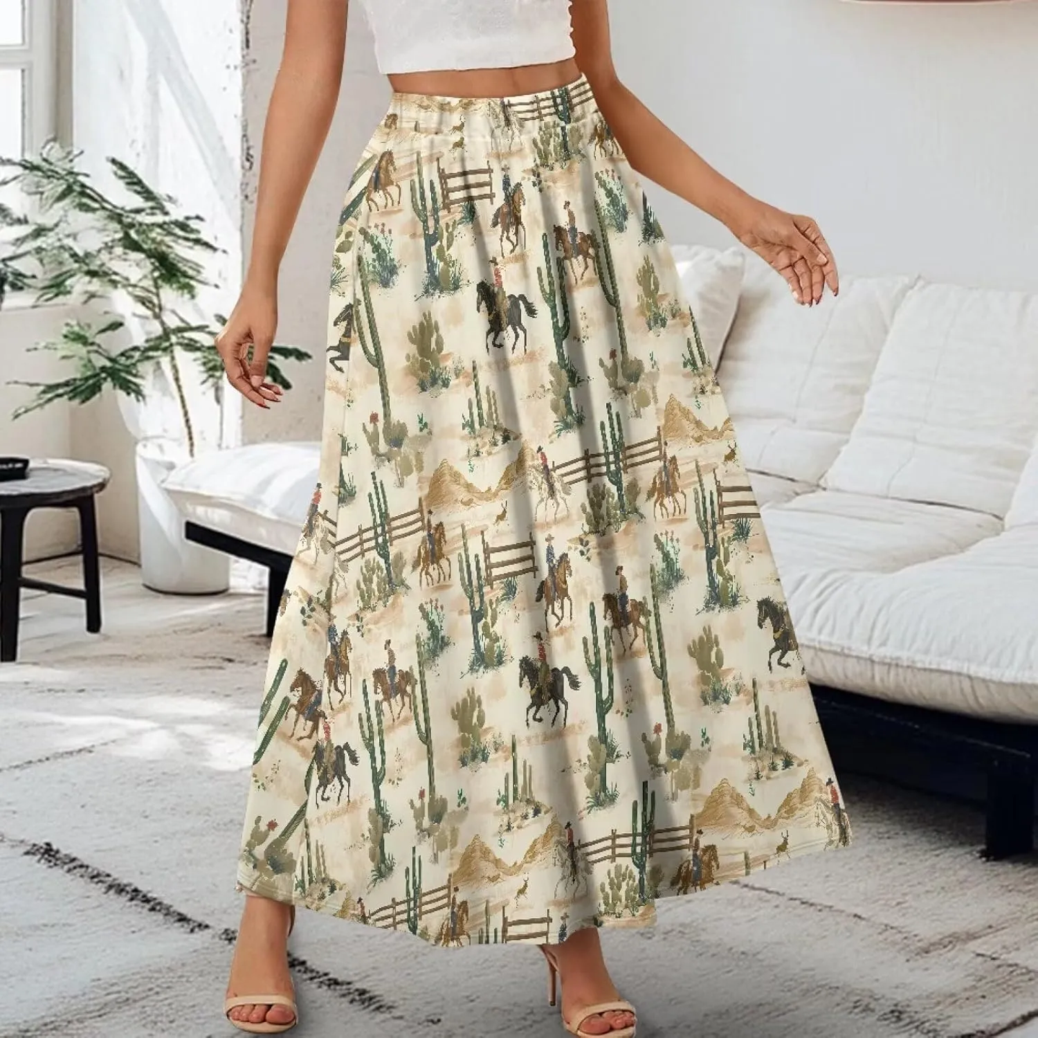 Women Long Skirts with Pockets Bohemian Casual Flowy High Waisted Ankle Length Maxi Skirt for Party Prom