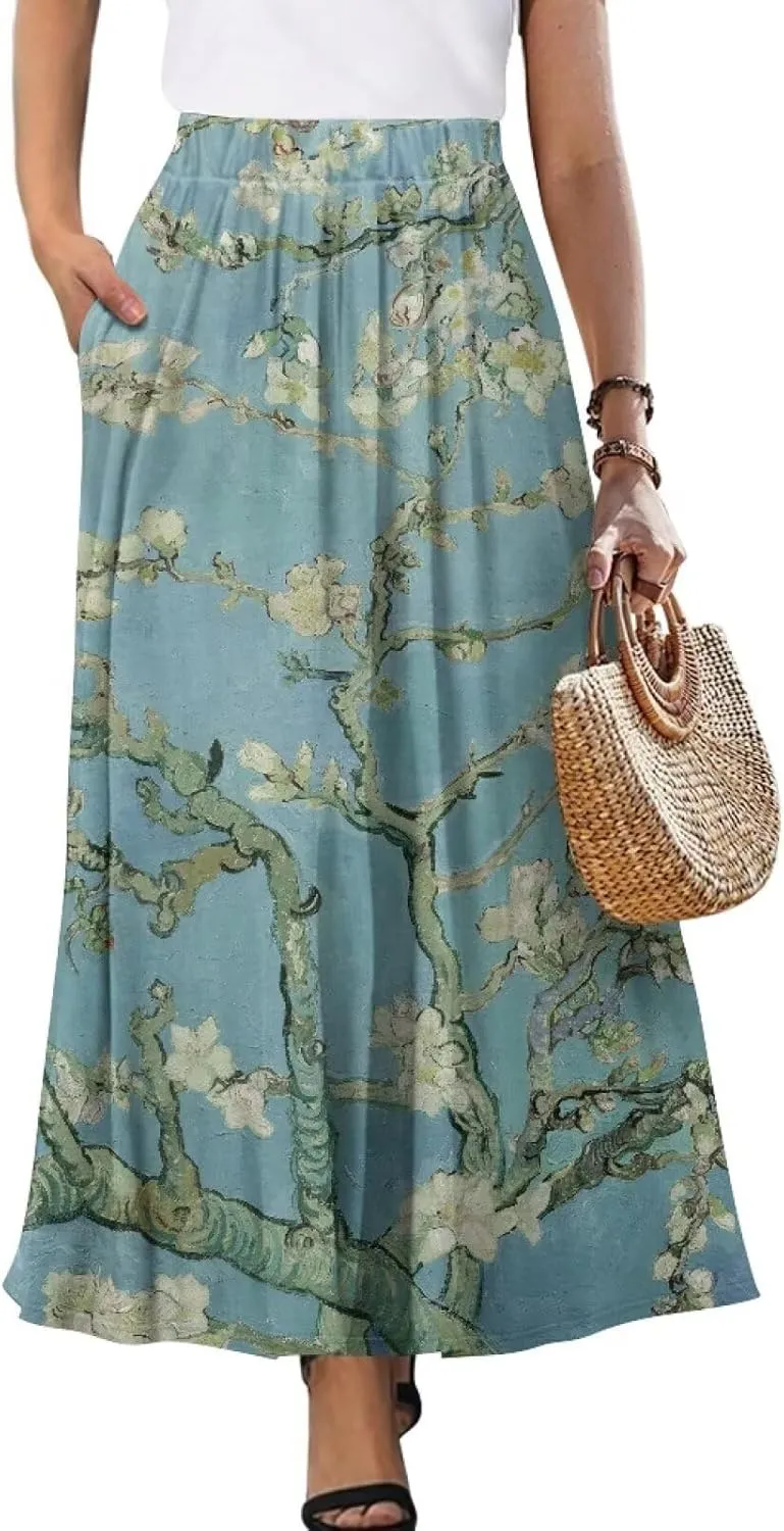 Women Long Skirts with Pockets Bohemian Casual Flowy High Waisted Ankle Length Maxi Skirt for Party Prom