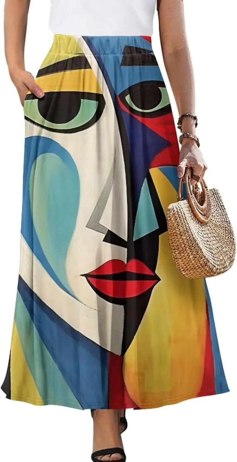 Women Long Skirts with Pockets Bohemian Casual Flowy High Waisted Ankle Length Maxi Skirt for Party Prom