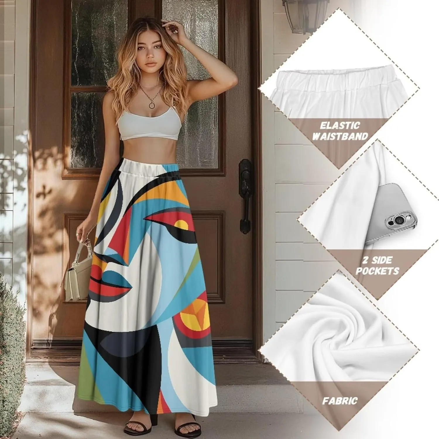 Women Long Skirts with Pockets Bohemian Casual Flowy High Waisted Ankle Length Maxi Skirt for Party Prom