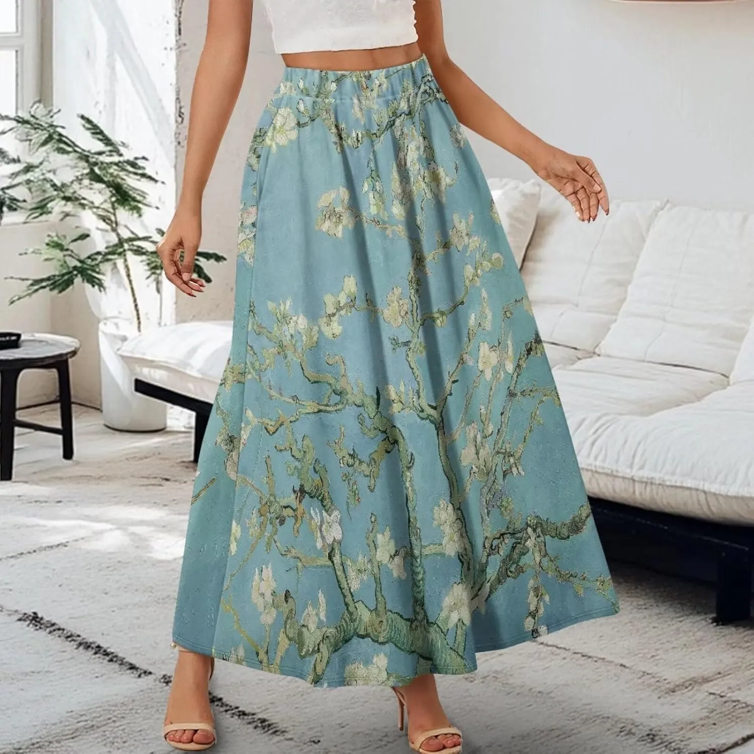 Women Long Skirts with Pockets Bohemian Casual Flowy High Waisted Ankle Length Maxi Skirt for Party Prom