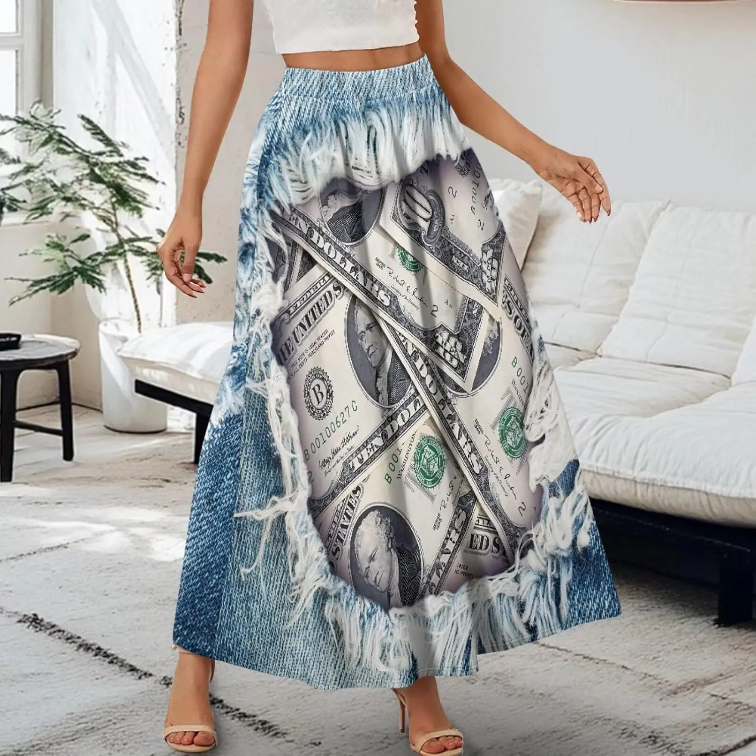 Women Long Skirts with Pockets Bohemian Casual Flowy High Waisted Ankle Length Maxi Skirt for Party Prom