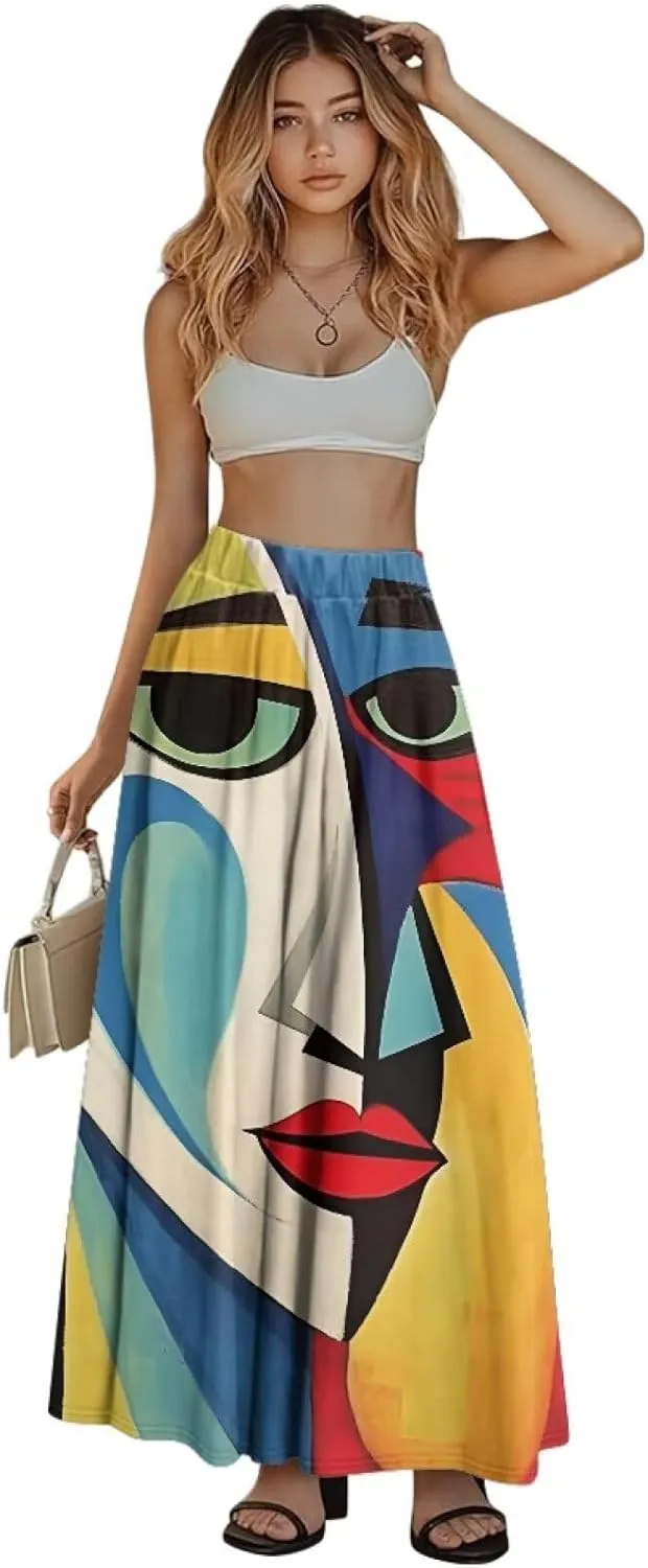 Women Long Skirts with Pockets Bohemian Casual Flowy High Waisted Ankle Length Maxi Skirt for Party Prom