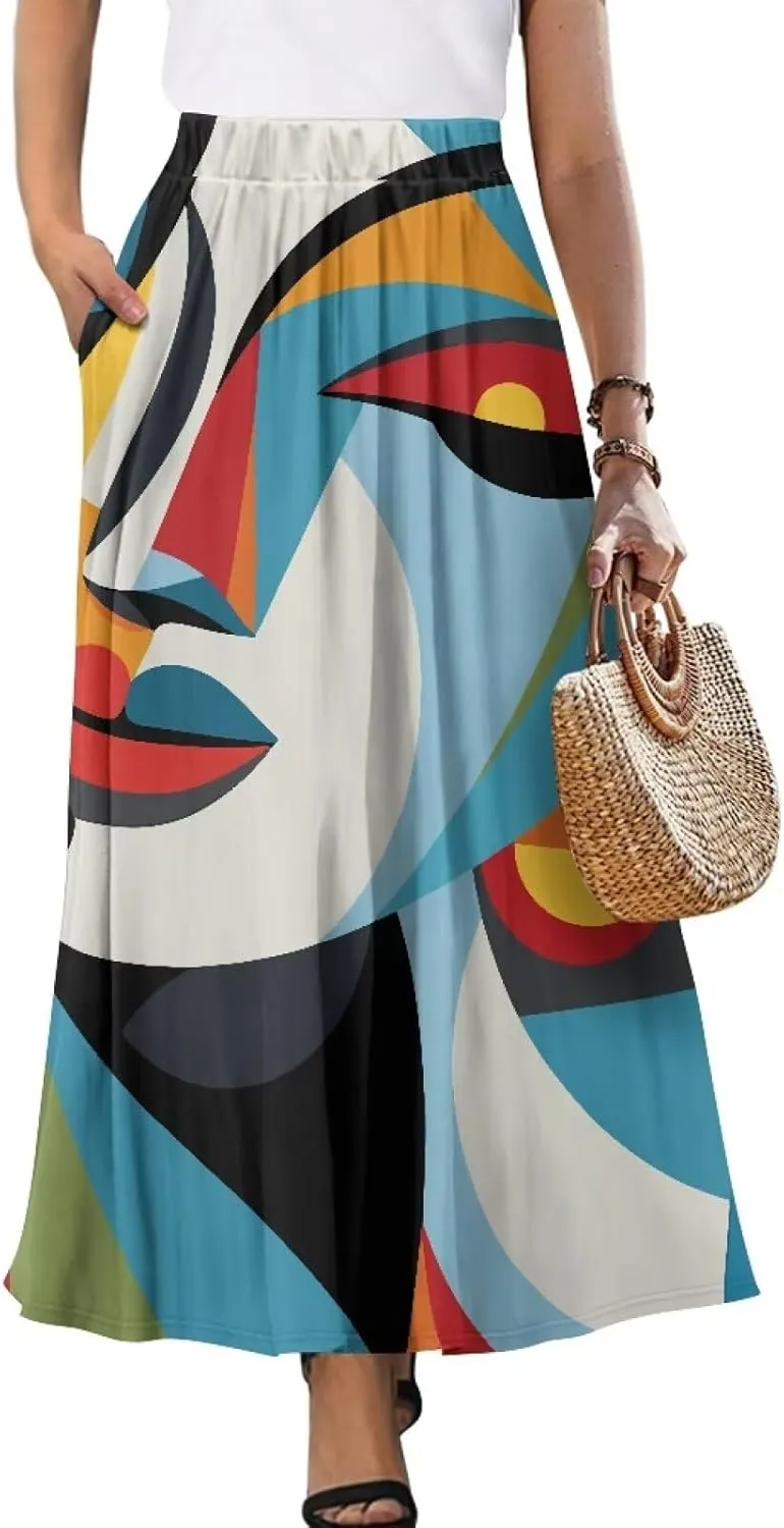 Women Long Skirts with Pockets Bohemian Casual Flowy High Waisted Ankle Length Maxi Skirt for Party Prom
