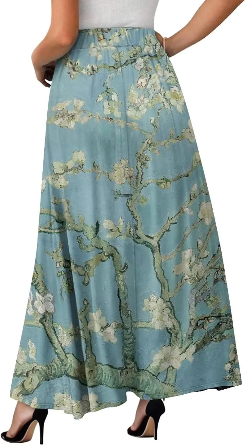 Women Long Skirts with Pockets Bohemian Casual Flowy High Waisted Ankle Length Maxi Skirt for Party Prom