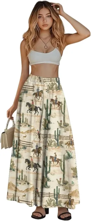 Women Long Skirts with Pockets Bohemian Casual Flowy High Waisted Ankle Length Maxi Skirt for Party Prom