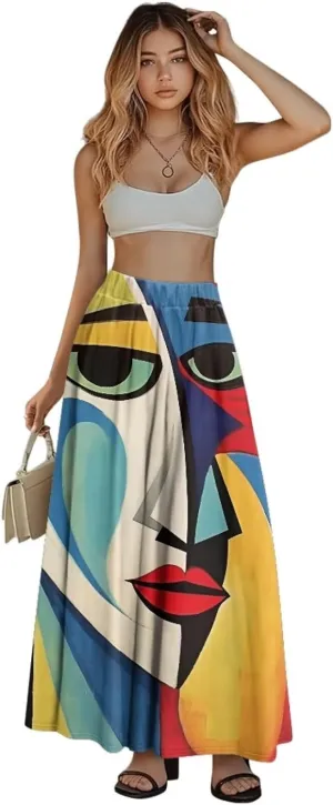 Women Long Skirts with Pockets Bohemian Casual Flowy High Waisted Ankle Length Maxi Skirt for Party Prom