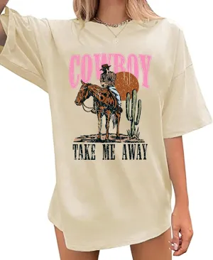 Women Oversized Cowboy Take Me Away Shirt Vintage Western Cowboy Shirts Country Music Graphic Tee Tops