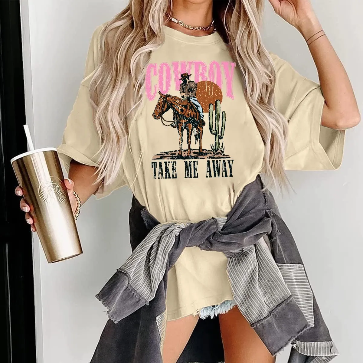 Women Oversized Cowboy Take Me Away Shirt Vintage Western Cowboy Shirts Country Music Graphic Tee Tops