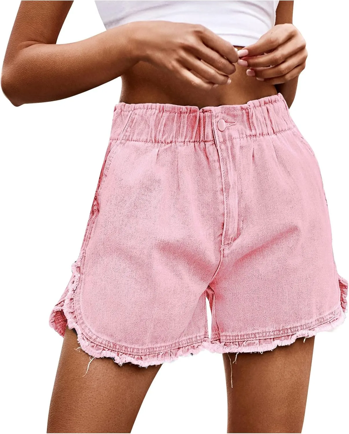 Women Ruffle Frayed Trim High Waist Stretch Jean Shorts Summer Trendy Casual Loose Elastic Button Waist Denim Shorts