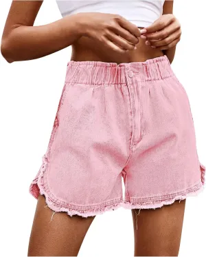 Women Ruffle Frayed Trim High Waist Stretch Jean Shorts Summer Trendy Casual Loose Elastic Button Waist Denim Shorts