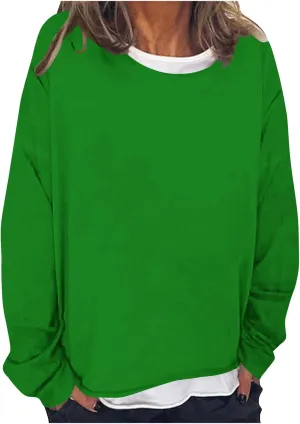Women Spring Fashion Pullover 2 in 1 Tops Long Sleeve Oversized Blouses Tops Casual Crewneck Tees Loose Shirts