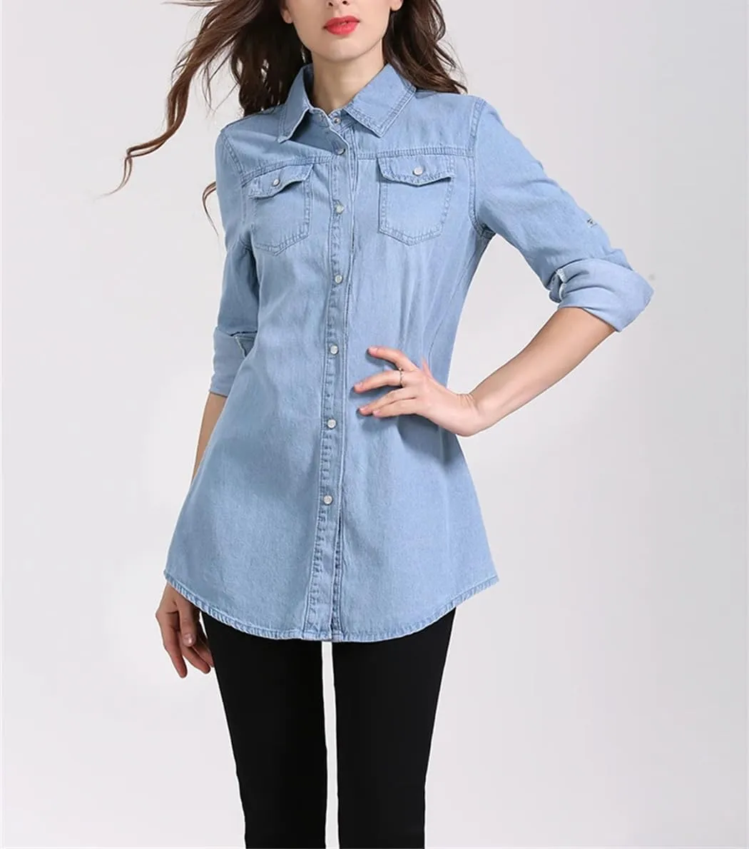 Women Spring Solid Long Denim Shirts Casual Loose Button Up Long Sleeve Shirt Tops