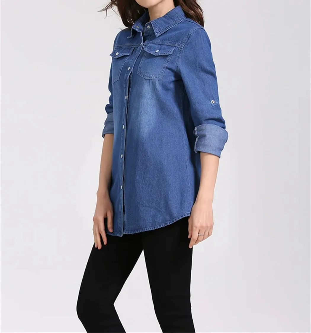 Women Spring Solid Long Denim Shirts Casual Loose Button Up Long Sleeve Shirt Tops