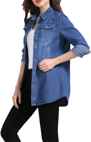 Women Spring Solid Long Denim Shirts Casual Loose Button Up Long Sleeve Shirt Tops