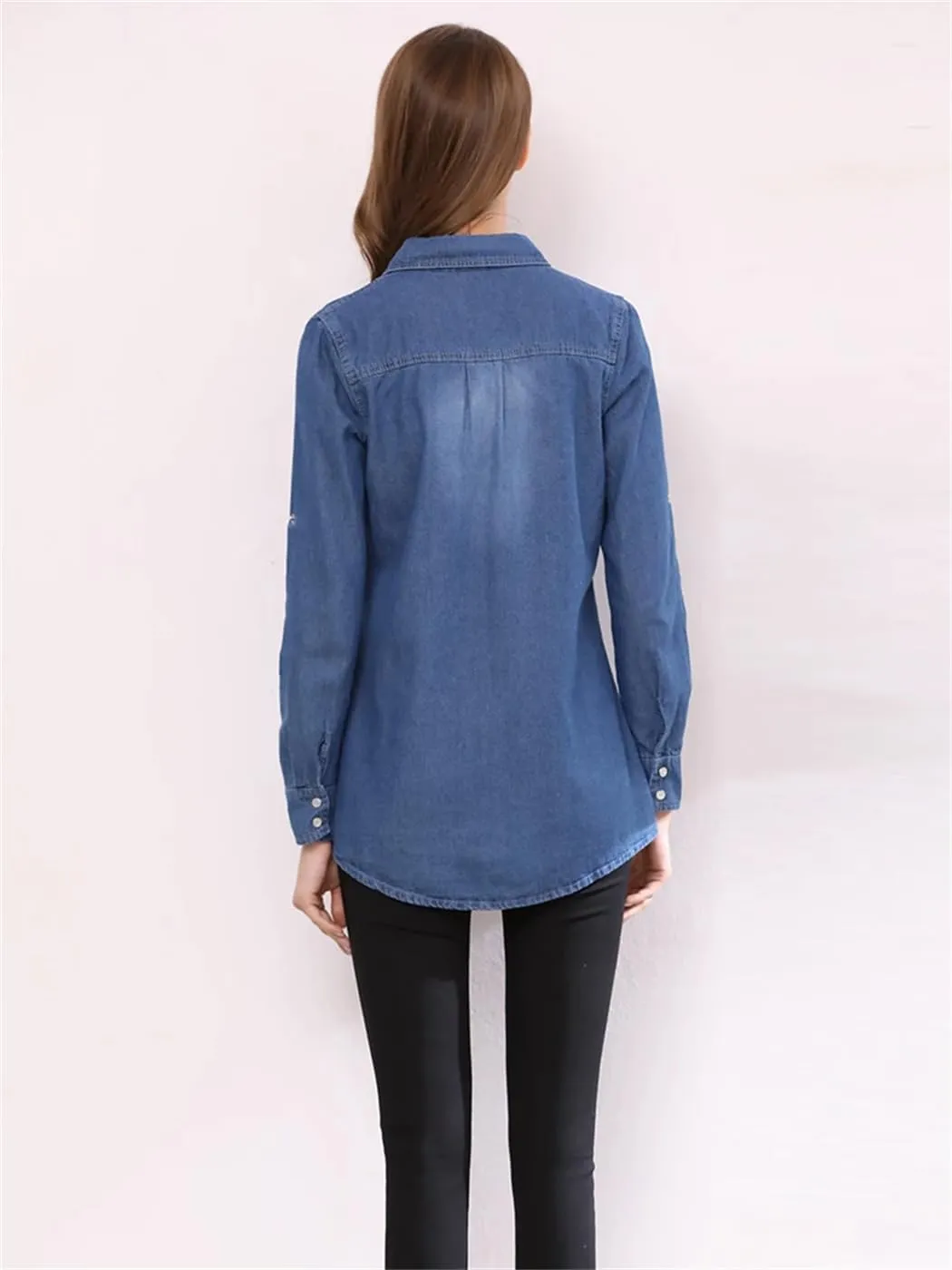 Women Spring Solid Long Denim Shirts Casual Loose Button Up Long Sleeve Shirt Tops