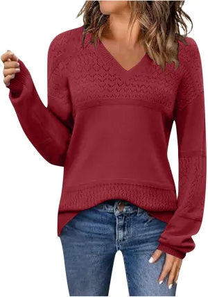 Women Sweaters Casual Long Sleeve V Neck Crochet Pullover Sweater Cable Knit Fashion Spring Tops