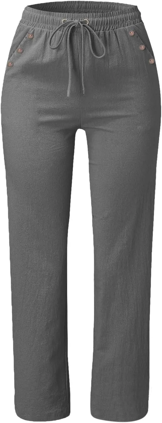 Women Wide Leg Linen Pants Beach Casual High Elastic Waisted Palazzo Pant Baggy Button Trouser with Pocket