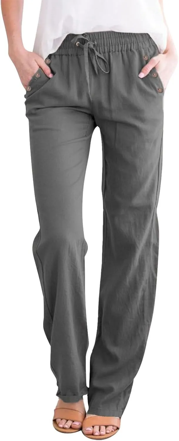 Women Wide Leg Linen Pants Beach Casual High Elastic Waisted Palazzo Pant Baggy Button Trouser with Pocket